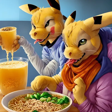 Pikachu sipping ramen