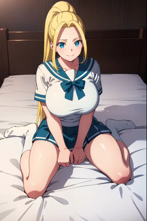 Huge tits, solo, white sailor uniform, smile, beatrixamerhauser, beatrix amerhauser, long hair, blue eyes, blonde hair, ponytail, best quality, high resolution, unity 8k wallpaper, extremely detailed face, perfect lighting, extremely detailed, sitting on t...