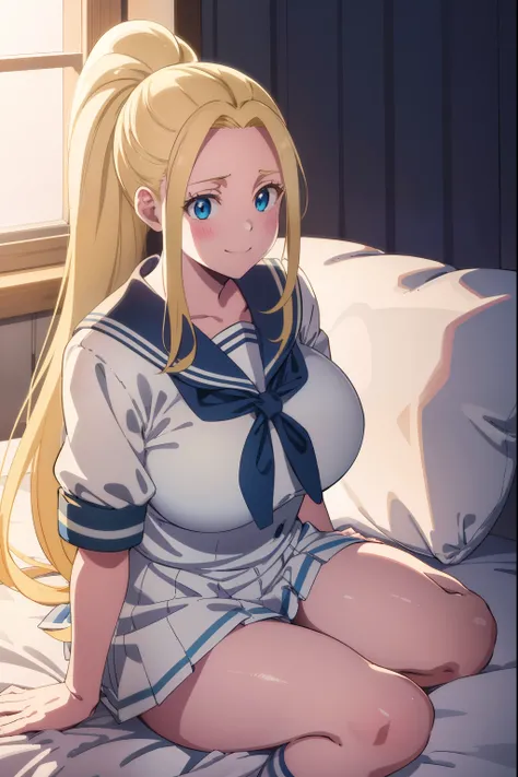 Huge tits, solo, white sailor uniform, smile, beatrixamerhauser, beatrix amerhauser, long hair, blue eyes, blonde hair, ponytail, best quality, high resolution, unity 8k wallpaper, extremely detailed face, perfect lighting, extremely detailed, sitting on t...