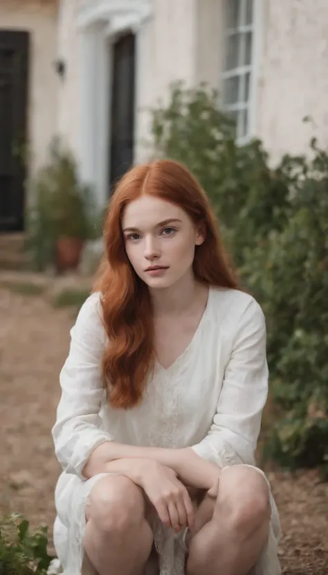 1 beautiful white 15-year-old girl , Redhead . squatting in front of the house