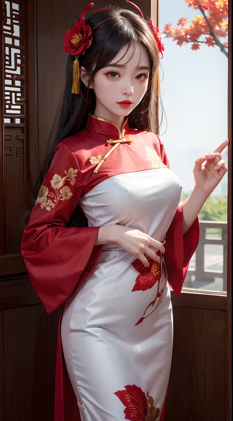 1girl in,bush,fashi-girl,qipao dress,chinese clothes,Hair Flower,(masutepiece:1.4),(Best Quality:1.4),(Shiny skin),Red lips,Looking at Viewer,Big breasts,cleft lip