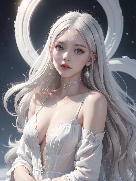 Platinum Blonde Fine Hair、(silver-white hair:1.5), (snow-white hair:1.1), (silver eyes:1.1), Super long silky straight hair, Bangs on the face and eyes, (Gray big eyes:1.1), Sheer White And Wet Nightgown Snow White Summer Dress, Nordic Youth, Perfect bodie...