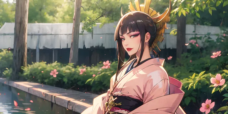 senjumaru shutara, (long hair, bangs, blunt bangs, black hair, sidelocks:1.5), (black eyes:1.5), makeup, lipstick, red lipstick, breasts, epic art, fantasy, 1girl, flower, japanese_clothes, kimono, solo, pink_flower, sash, day, obi, tree, outdoors, long_sl...