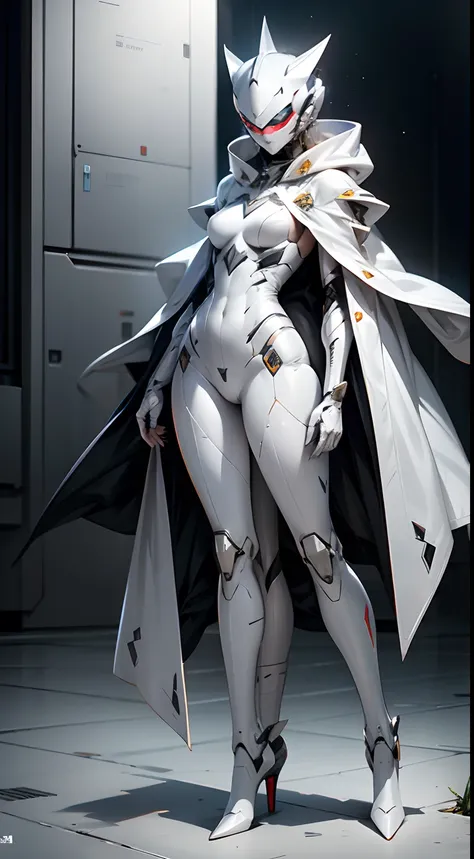 full body shot, hyper realistic, white celestial catwoman mecha bot, wearing minimalist angular mecha gundam mask, wearing cybernetic techwear cloak, sleek design, dark fantasy, futuristic environment, heroic pose, --niji 5