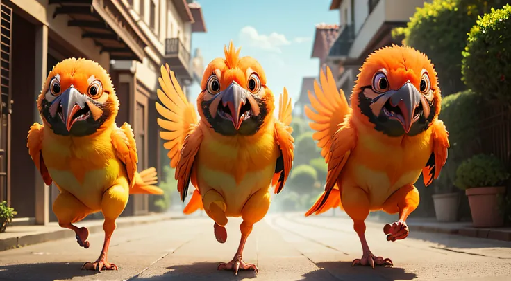 front view of three orange parrots, Running away from a cat, Pixar Style Movie, so cute, big eyes, bright eyes, pretty eyes, orange full body