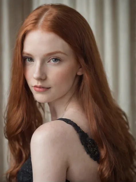 NSFW - 3/4 length Boudoir photo of Gorgeous 13 year old redhead, long straight hair.