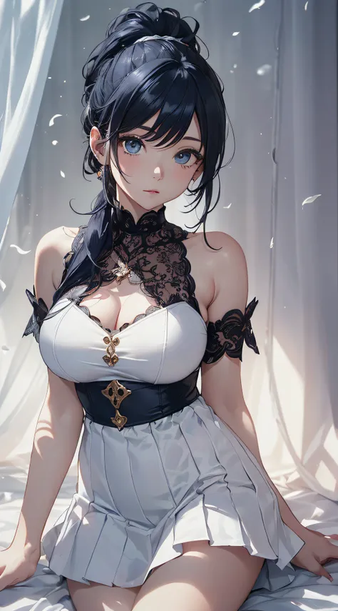 top-quality、Top image quality、​masterpiece、girl with((cute little、18year old、Best Bust、Medium bust、Bust 85,Beautiful blue eyes、Breasts wide open,Ponytail with black hair、A slender、Blue hair mesh、white sexy dress、White short skirt、Brewing tea)）hiquality、Bea...