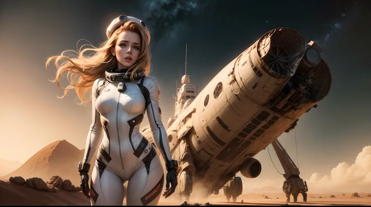 pechos enormes, A woman in a spacesuit wearing a spacesuit wearing a space cap standing next to a crashed sci-fi spaceship., Artistic trends, Caras femeninas realistas, Caras delicadas y atractivas, Arte mate, amarillo simple, se parece un poco a Amy Adams...