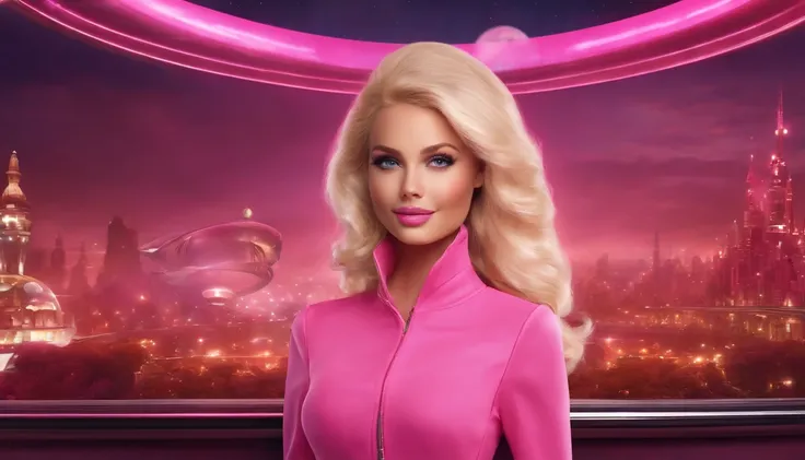 high quality, futuristic, blonde girl like barbie, looking at viewer with a smile, pink outfit, in a futuristic city, with flying saucers