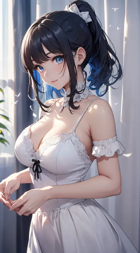 top-quality、Top image quality、​masterpiece、girl with((cute little、18year old、Best Bust、Medium bust、Bust 85,Beautiful blue eyes、Breasts wide open,Ponytail with black hair、A slender、Blue hair mesh、Beautiful white dress、White short skirt、laugh)）hiquality、Beau...