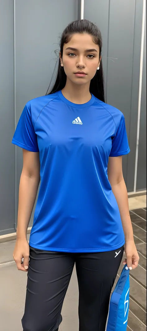 A woman in blue shirt and black pants posing for a photo, tshirt azul apertada, wearing a volleyball jersey, mangas curtas, Uniforme azul, camisa azul, 2 mulheres techwear, camiseta esportiva, 🤬 🤮 💕 🎀, Simple uniform sky on the back, azul, tomada em 2 0 2 ...