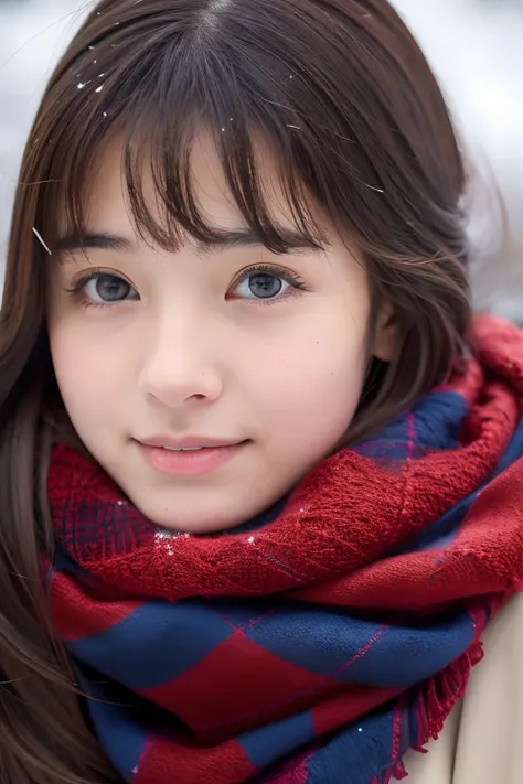 18-year-old girl, Shawl scarf, snowflakes falling, close up shot