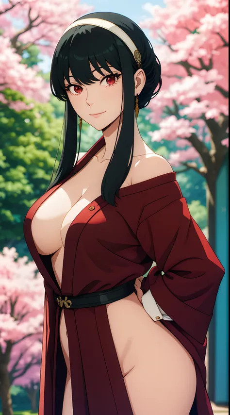 yor, Mature female,  bangs, side locks, Red eyes, Black hair, hair adornments, Huge breasts，sportrait, (face:1.2), schoolgirls, ssmile,bare shoulders​, Black hair, cherry blossom, cleavage, (Robe:1.21), 鎖骨, Willow Branch, (masterpiece best quality :1.2),