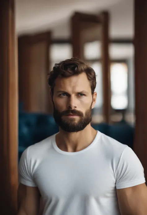 (Man wearing white t-shirt), ), (Wearing full beard,) Attractive and serious look, dark brown hair, Stylish and elegant, and strong body t-shirt, Man similar to actor Jamie Dornan, (High quality and realistic image), in the background Scandinavian apartmen...