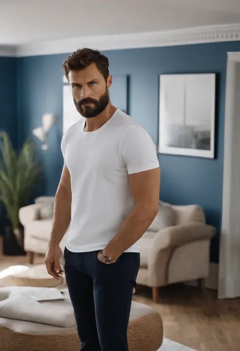 (Man wearing white t-shirt), ), (Wearing full beard,) Attractive and serious look, dark brown hair, Stylish and elegant, and strong body t-shirt, Man similar to actor Jamie Dornan, (High quality and realistic image), in the background Scandinavian apartmen...