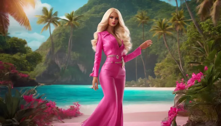 high quality, futuristic, blonde girl like barbie, pink outfit, on a tropical island