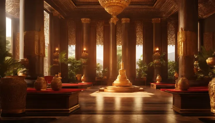 "Create semi-realistic 3D scenes of stunning environments. hall, Built of volcanic stone、Decorated with gilded ornaments, Exudes an aura of power and authority. A long marble walkway stretches across the floor, Leading to the courtroom. Capture the intrica...