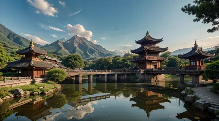 architecture, east asian architecture, scenery, lantern, pagoda, outdoors, sky, paper lantern, cloud, bird, building, tree, standing, mountain, bridge, holding, multiple girls, 6+boys, day, masterpiece, best quality,