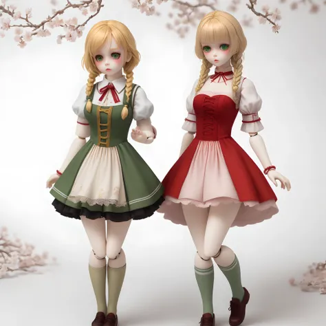 nffsw,nffsw,8K, Best Quality, masutepiece, Highly detailed, Studio Lighting, Physically-based rendering, 1girl in, Solo,
 bjd doll, blush, Alice in Wonderland, Bele has, Red dress, Green High Socks, white blossoms, ((Red color)), Blonde hair, Short hair, T...