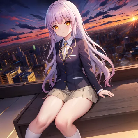 ,masutepiece, Perfect face,(dense lines:1.0), (Ultra-detailed:1.2), (Oil Painting:0.9), (the Extremely Detailed CG Unity 8K Wallpapers:1.2),
Looking at Viewer,(((City of Sunsets))),(((Sunset))),
1girl in,Solo,Long hair,School uniform,Jacket,Yellow eyes,Bla...