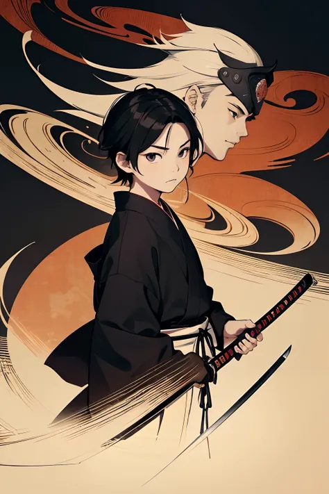 japanese samurai、beautiful young boy、Chommage、Japanese Katana Sword、Anime-like protagonist、Scenery of the Edo period、Ukiyo-e style、hight resolution、