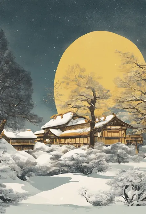 Winters，A vast expanse of white，Snowflakes fill the sky，villages，Bare trees，Old Japan woodblock prints，Photographed by Erwin Wurm，filmed in dslr，Lemon yellow tone，Light orange tone，Ivory white tones，full of sunlight，surreal scenery，brightly，Warm light，morn...