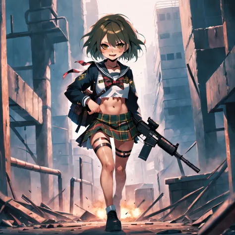 masutepiece, High resolution, Cinematic lighting, Front Camera Angle, Ruined metropolis, Schoolgirl Standing With Assault Rifle (M16), Beautiful Girl, Grinning, Good figure, Short hair, Big breasts, cleavage, Short sailor suit with a visible navel, Miniski...