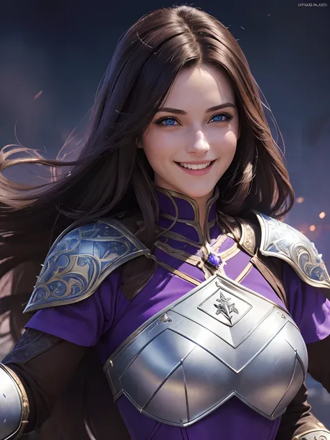 (a 25-year-old girl, Villain from RPG, dark brown hair, blue eyes, a big happiness smile,smilr face, wearing a purple armor dress, white gloves,Dark Medieval cenario),(illustration:1.1),(ultra-detailed, realistic:1.37),(vivid colors, professional)