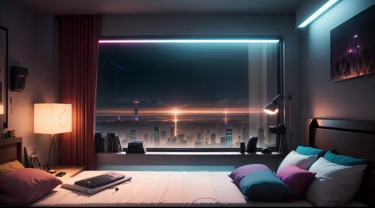 Qualidade 8k, high resolution, Landscape, quarto, mal iluminado, estilo cyberpunk, cores vibrantes,persianas abertas, lights peeking through blinds, messy bed, computador, mesa, cartazes pendurados na parede