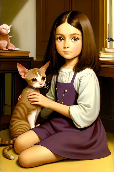 a beautiful modern six-year-old brunette girl with brown eyes holds a small kitten of the bald Sphynx breed in her hands, sitting on the floor at the desk, high detail, --ar 2:3, --s 750