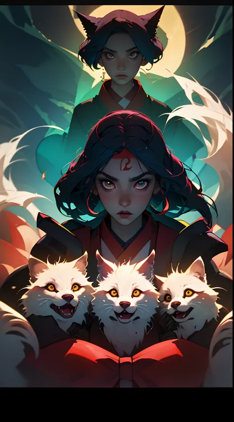 kitsune, cabelos longos e preto,ultra detalhado,