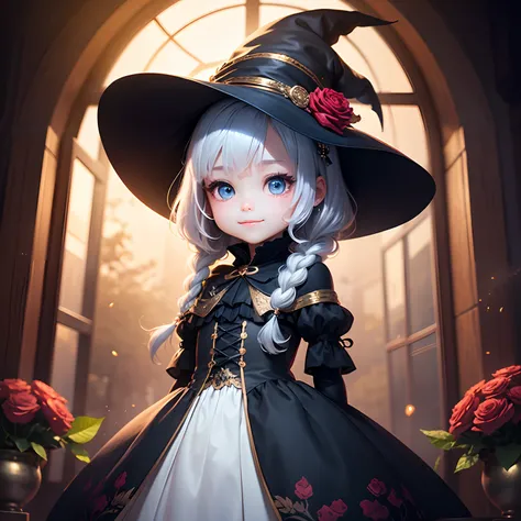 ​masterpiece、top-quality、ultra-detailliert、(Chibi Charas Daughter:1.2),（Very elaborate CG Unity 8K wallpapers、​masterpiece、top-quality、The ultra-detailliert）、（Charming and charming girl wearing a deep witch hat decorated with gorgeous golden braids and cha...