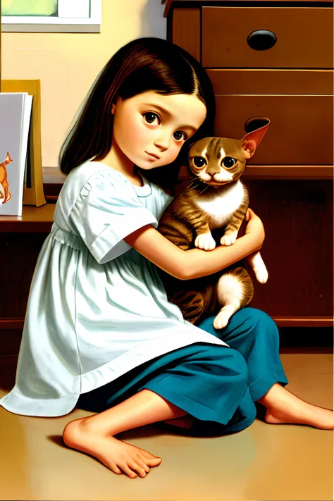 a beautiful modern six-year-old brunette girl with brown eyes holds a small kitten of the bald Sphynx breed in her hands, sitting on the floor at the desk, high detail