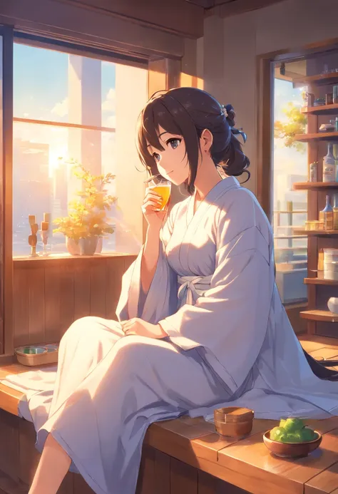 (Best Quality,Haute:1.2),Photorealista,Anime,princess,girl with,robe blanche,Has a small,Beautiful fece,Rio Claro in your hands,inside in room,sunlights,eyecontact,Drinking water