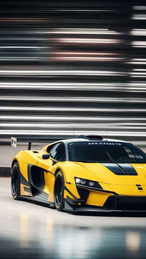 Araferd yellow sports car speeding on a track with a blurred background, wallpaper mobile, sports cars, super car, crisp smooth lines, full frame shot, inspiring, motorsports photography, 4k vertical wallpaper, 4k vertical wallpaper, Wallpaper phone, avant...