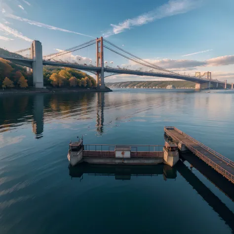 A bridge over the Zolotoy Rog Bay in Vladivostok in autumn, (best quality, 8k, highres, photo-realistic:1.37), ultra-detailed, realistic lighting, vibrant colors, scenic landscape, golden leaves, calm water surface, distant mountains, city skyline, foggy a...