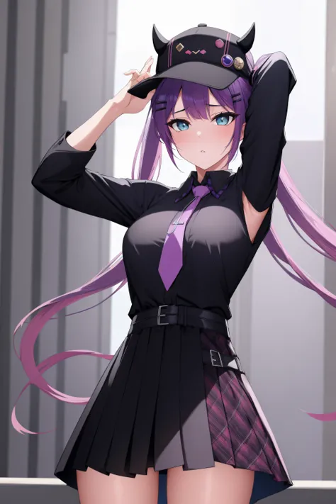 (day:1.7), sky background,a blue sky and clouds,
standing at attention,armpits,arm up,
purple necktie, black shirt, collared shirt, long sleeves, black skirt, plaid skirt,
aatowa, long hair, twintails, black headwear, baseball cap, fake horns, hairclip, pi...