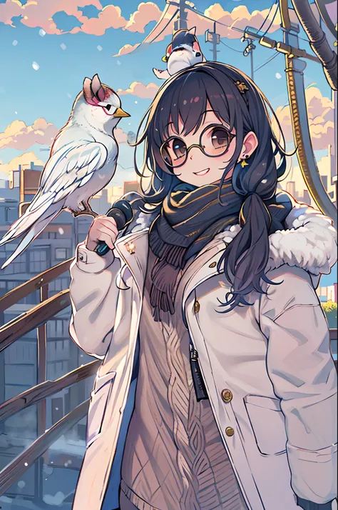 sam yang,, 1girl in, animal, animal on shoulder, Bird, black-framed eyewear, Black eyes, Black hair, Blue sky, Cityscape, crystal clear skies, coat, day, earrings, Eyewear Hang, Removed eyewear, Fur coat, Jacket, Jewelry, Long hair, Looking to the side, Ou...