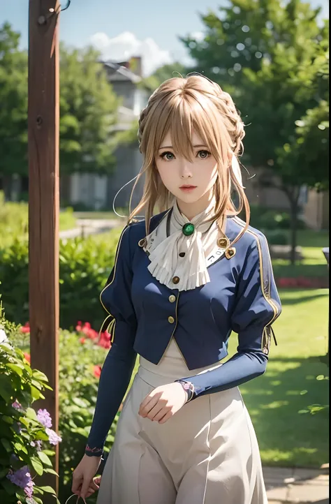 Violet Evergarden,masutepiece, Best Quality, 1girl in, Solo, Blonde hair, Blue eyes, hair between eye, Looking at Viewer, bow ribbon, Red Ribbon, braid, Hair Ribbon, Jacket, Blue jacket, Jewelry, Bangs, Outdoors, brooches, Hair intake, Anime coloring, asco...