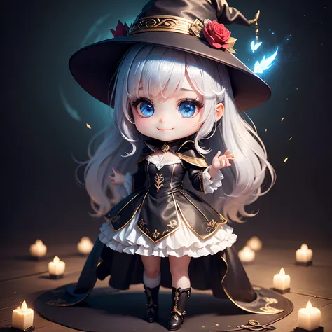 ​masterpiece、top-quality、ultra-detailliert、(Chibi Charas Daughter:1.4),（Very elaborate CG Unity 8K wallpapers、​masterpiece、top-quality、The ultra-detailliert）、（Charming and attractive girl wearing a deep witch hat decorated with gorgeous golden braids and c...