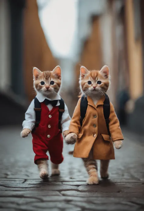 I have two little kittens, a cute little cat, cute kittens, Cutest, Incredibly cute, Adorable and cute, And cute and lovely. They are walking down the street with backpacks, Walking together, commute, Proudly walk down the street, And the cat is walking. T...