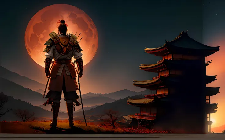 Anime style illustration of a man with a sword standing in front of a pagoda, guerreiro samurai, feudal japan art, inspired by Kanō Hōgai, epic samurai warrrior, japanese warrior, homem samurai, estilo samurai, samurai touro da lua, badass anime 8 k, Retra...