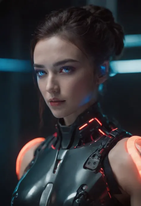 UHD,half robotic face, high contrast, 4k high definition, Cyberpunk, highly technological, frontal position, bright eyes, clothing details with technology, side position, muscular, neon glow color