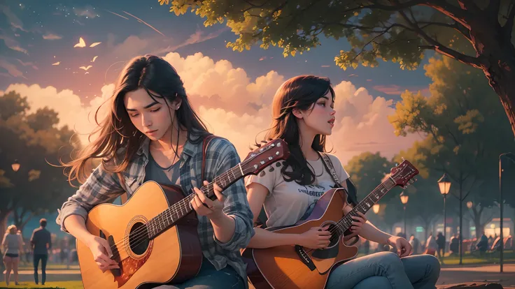 College couples male playing guitar and female singing in the park background with beautiful evening skies