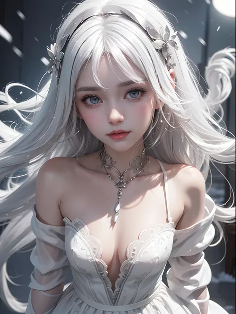 Platinum Blonde Fine Hair、(silver-white hair:1.5), (snow-white hair:1.1), (silver eyes:1.1), Super long silky straight hair, Bangs on the face and eyes, (Gray big eyes:1.1), Sheer White And Wet Nightgown Snow White Summer Dress, Nordic Youth, Perfect bodie...