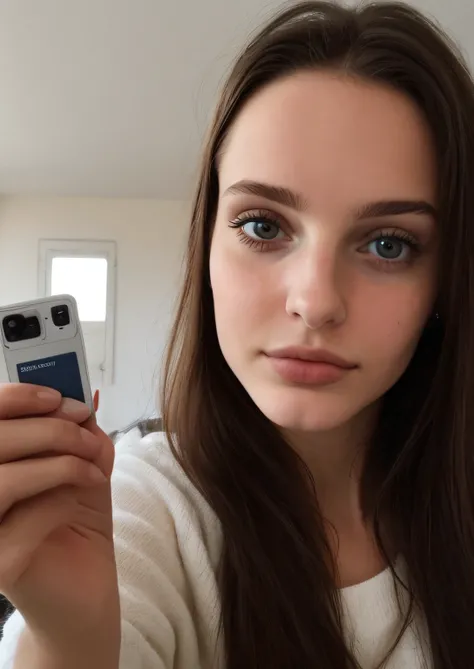 Un selfie dune jolie fille, qui a 25 ans, and holding an identity card in his hand