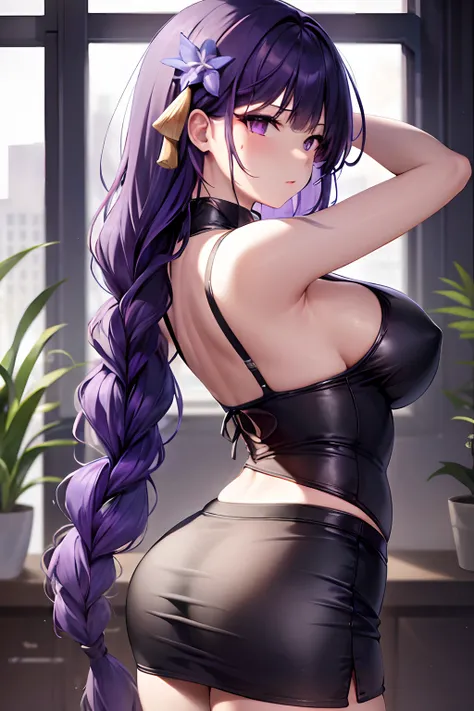 Masterpiece, Ultra-detailed hair, better lighting, better shade, Raiden general,1girll, Raiden Shogun, Breasts, Skirt, Purple hair, Solo, Long hair, Large breasts, Purple eyes, Braid, hindquarters, view the viewer, braidedponytail, hair adornments, Sleevel...