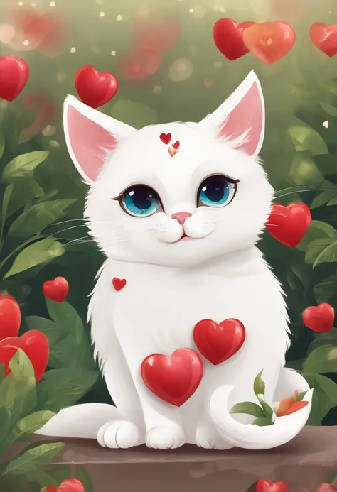 Cute cat,animation graphics,creativity colors,white cat,funny style,Background with charming colors,Red hearts