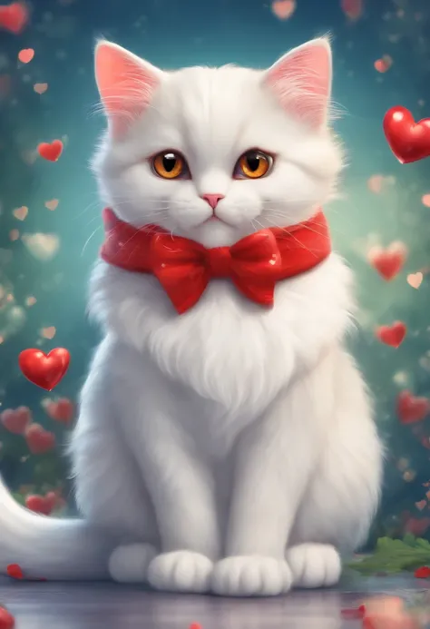 Cute cat,animation graphics,creativity colors,white cat,funny style,Background with charming colors,Red hearts