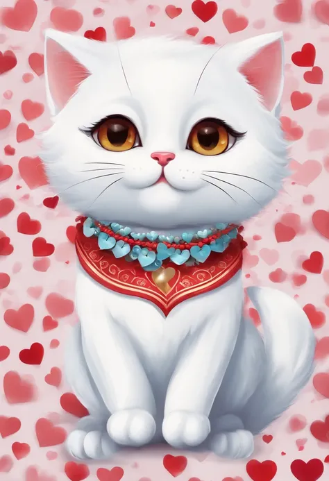 Cute cat,animation graphics,creativity colors,white cat,funny style,Background with charming colors,Red hearts